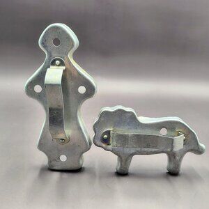 Vintage Aluminum Woman and Lion Cookie Cutters w Riveted Handles / Air Holes